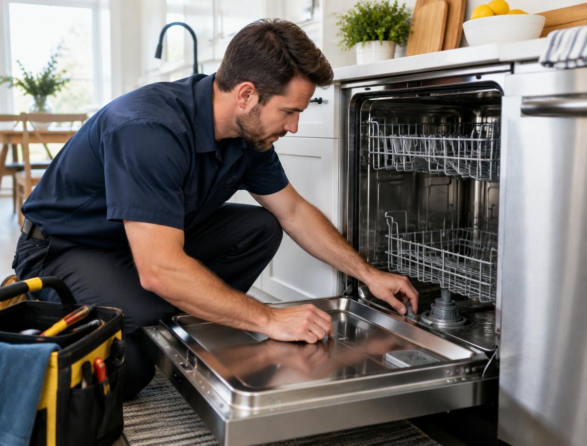 Technician inspecting a dishwasher